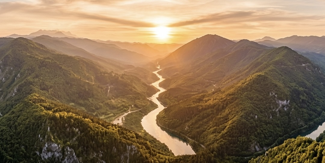 Sunrise over a mountain valley with a river winding through it