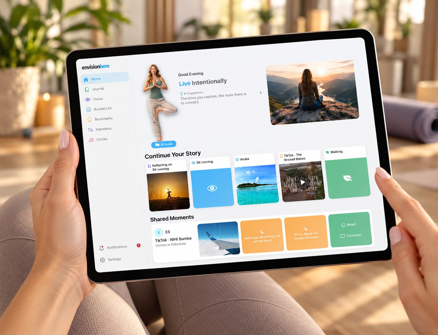 EnvisionHere open on a tablet, showing vision boards, an AI Calm Guide suggestion and a tree of life areas