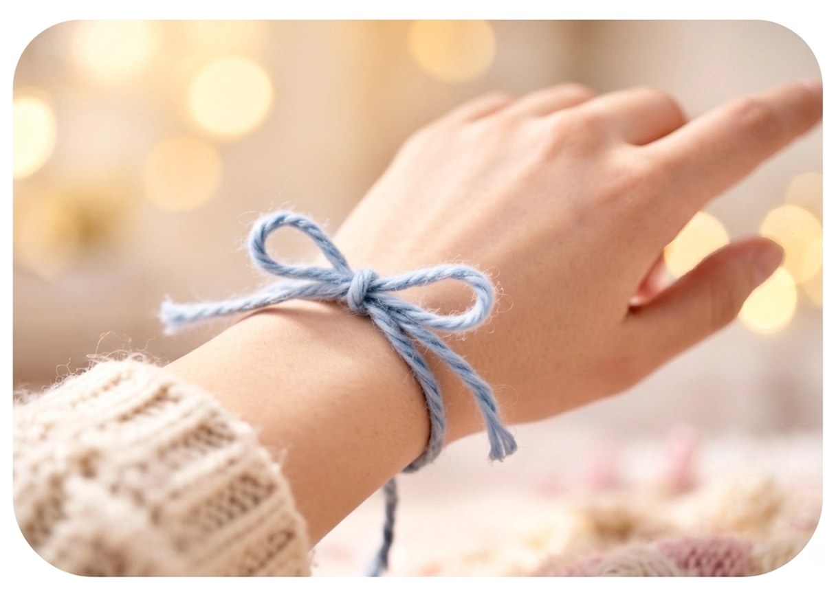 A soft blue string tied in a bow around a wrist, a keepsake reminder of something worth holding on to