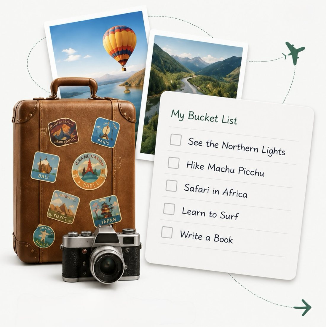 A travel-stickered suitcase and camera beside a bucket list including See the Northern Lights, Hike Machu Picchu and Learn to Surf