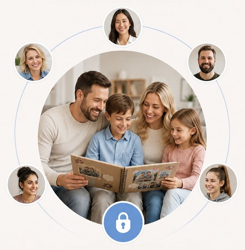 A family looking through a photo album at the centre of a circle of the people closest to them, secured by a lock
