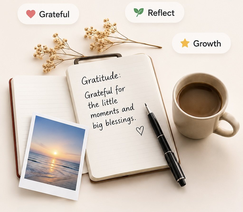 An open gratitude journal with a coffee cup, dried flowers and a sunset polaroid, tagged Grateful, Reflect and Growth