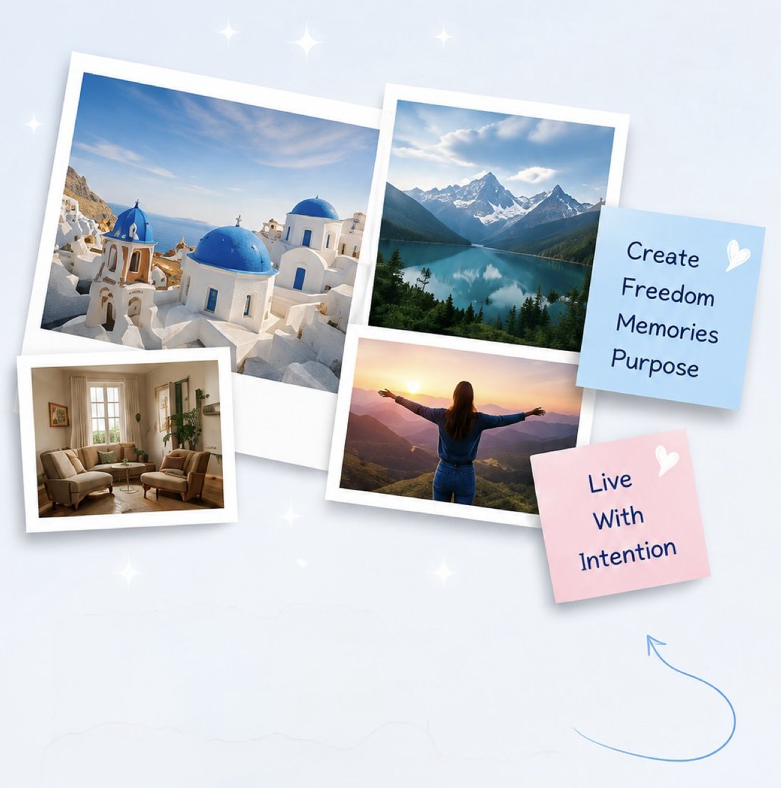 Vision board of polaroid photos — a Greek island, a mountain lake, a woman at sunrise — beside notes reading Create, Freedom, Memories, Purpose and Live With Intention